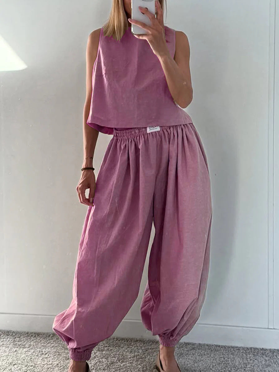 Tvådelat Set Dam – Ärmlös Topp med Vida Byxor i Lös Passform