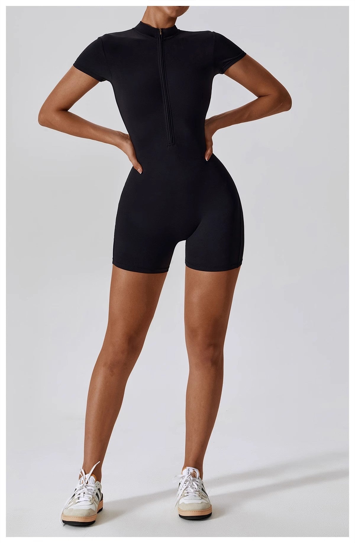 Yoga Bodysuit för Dam – Somrig One Piece med Dragkedja, Kort Ärm & Shorts