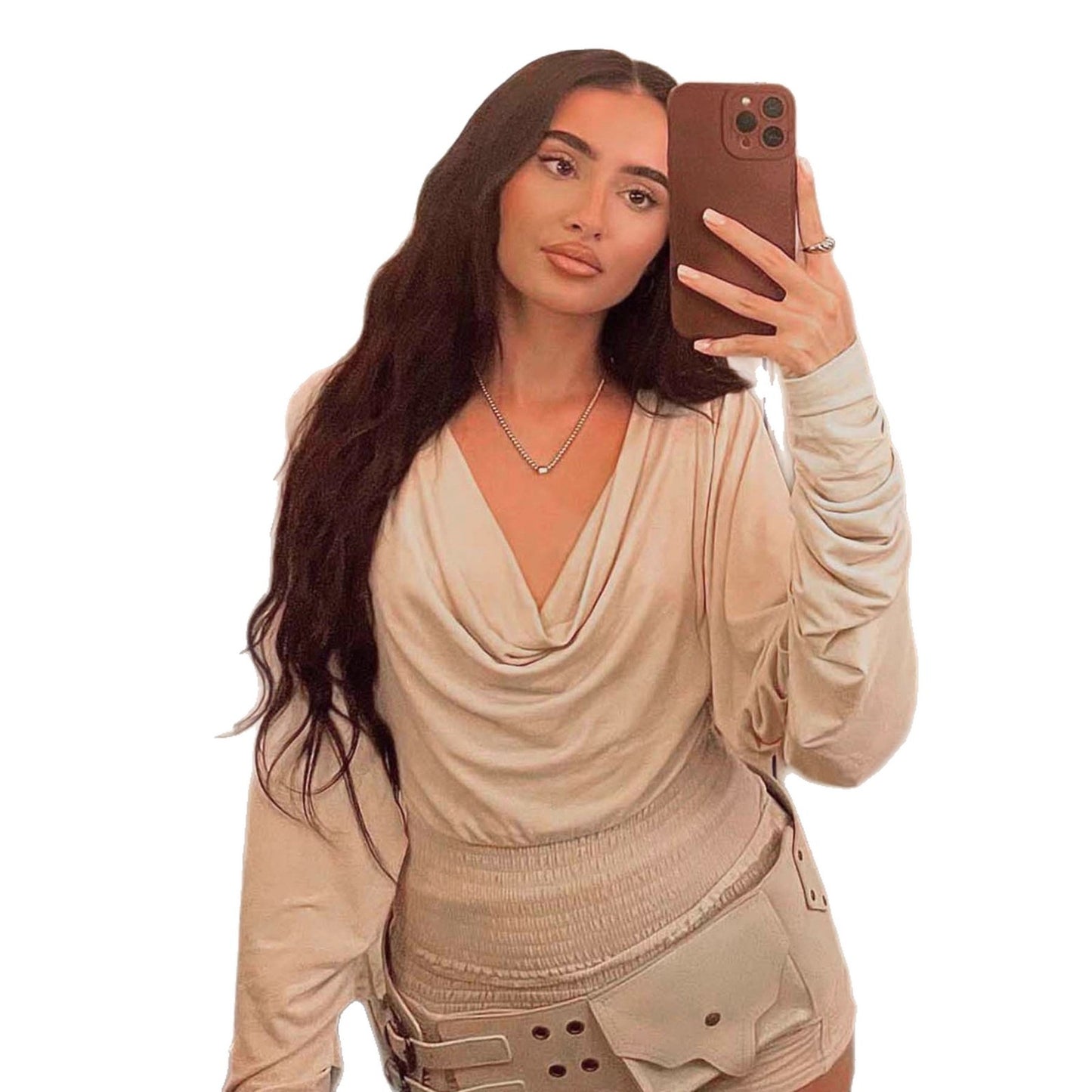 Dam T-shirt – långärmad slim fit med swing-krage & öppen rygg