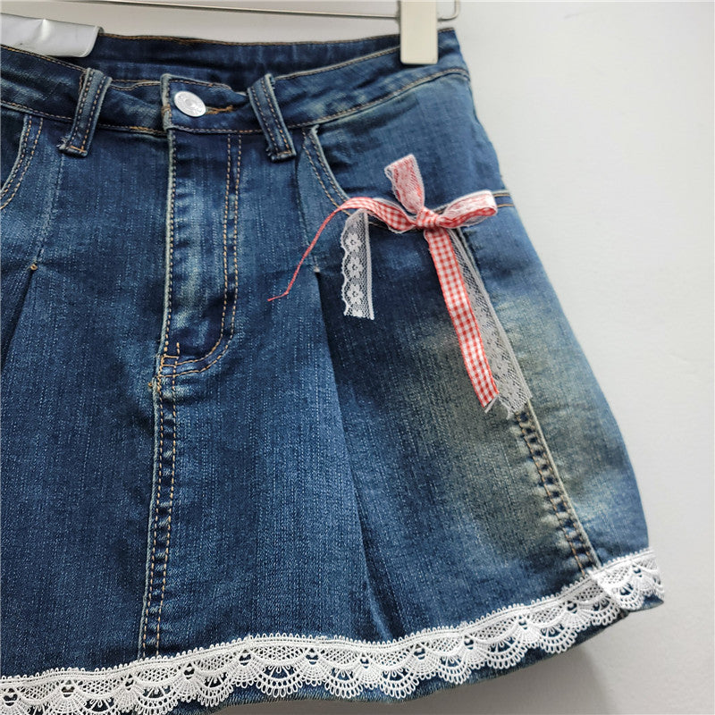 Kjol för Dam – Högmidjad A-linje i Spets med Rosett & Slimmande Effekt