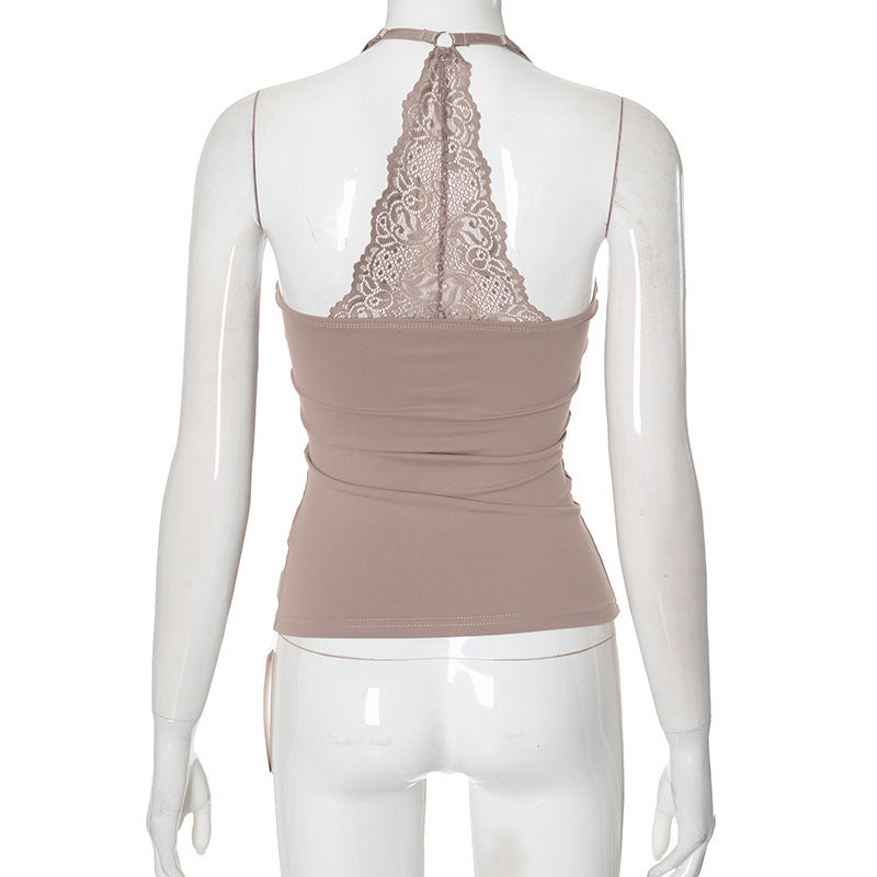 Damtopp – sexig off-shoulder med spets & axelband i enfärgad europeisk/amerikansk stil