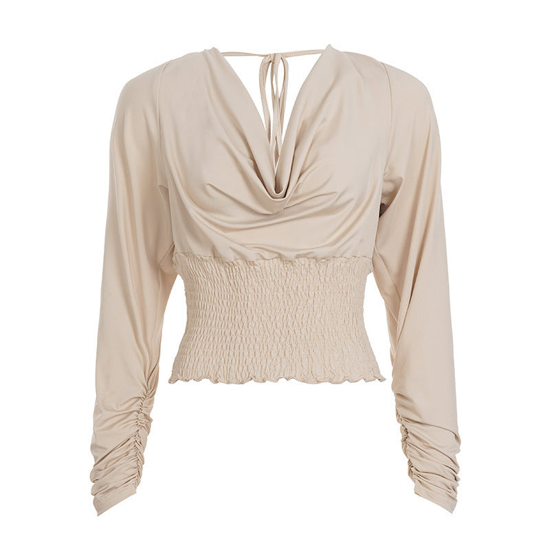 Dam T-shirt – långärmad slim fit med swing-krage & öppen rygg