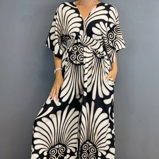 Plus Size Jumpsuit för Dam – V-ringad med Hög Midja & Print