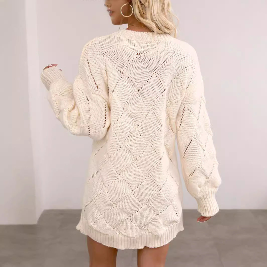 Klänning för Dam – Långärmad med Rund Hals & Vävda Rombmönster, Figurnära Passform