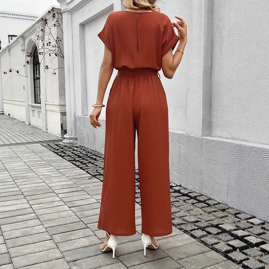 Jumpsuit Dam – Enfärgad Moderiktig Byxdress med Rund Hals & Midjebälte