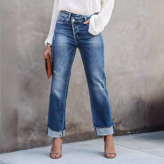 Tvättade Jeans – Straight Leg Denim Byxor för Dam