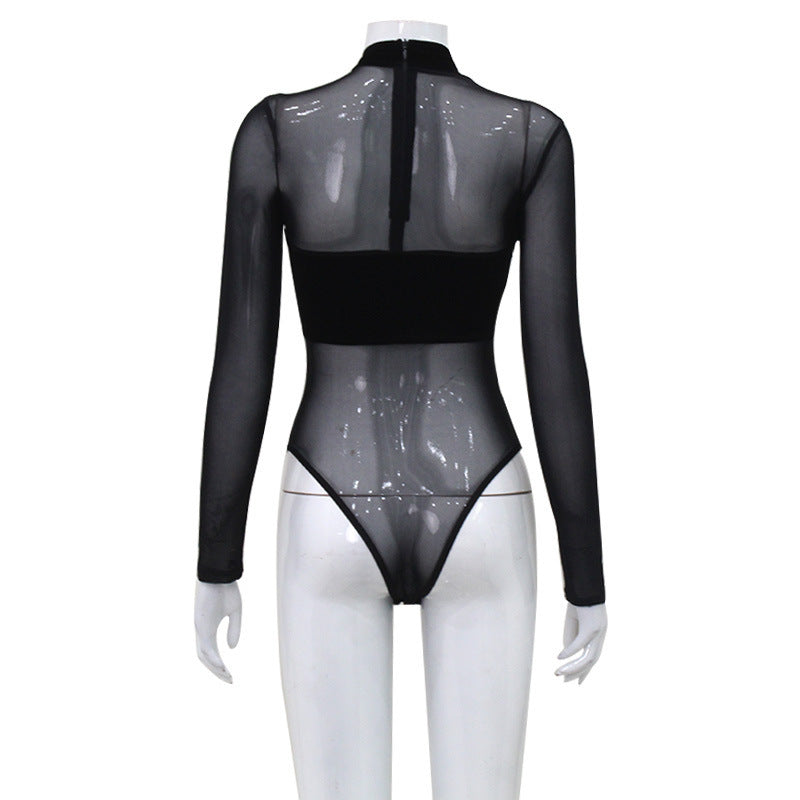 Elegant Bodysuit – Långärmad Slim Fit med Transparent Mesh & Figursydd Design