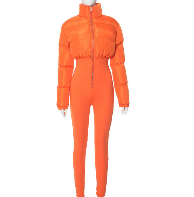 Jumpsuit set dam – figurnära vadderad jumpsuit med stretch & kort slim jacka