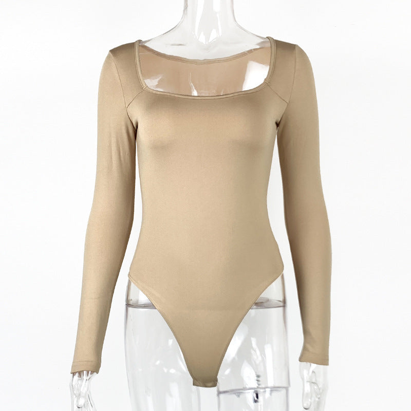 Bodysuit dam – sexig slim fit långärmad byxdress med fyrkantig ringning
