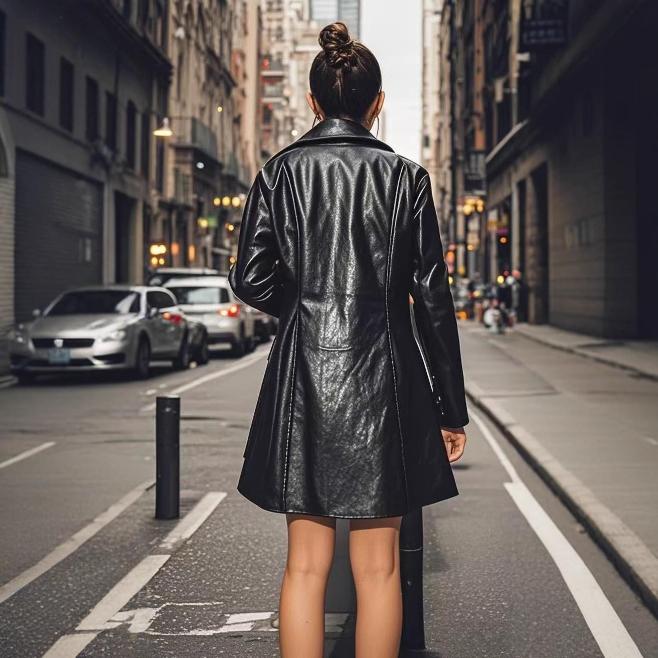 Damrock – melllång PU-läderkappa i casual & trendig stil