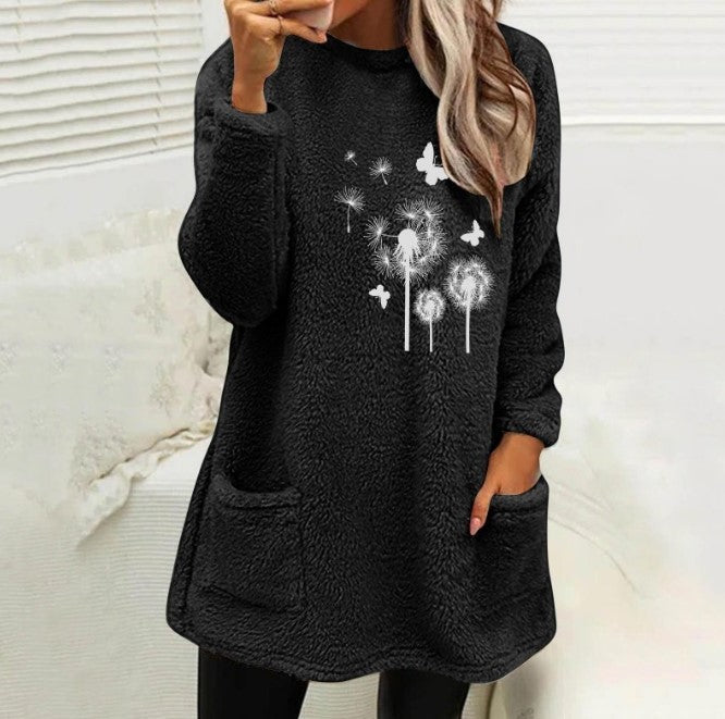 Damsweatshirt – långärmad pullover i dubbelsidig sammet med tryck, rund hals & ficka