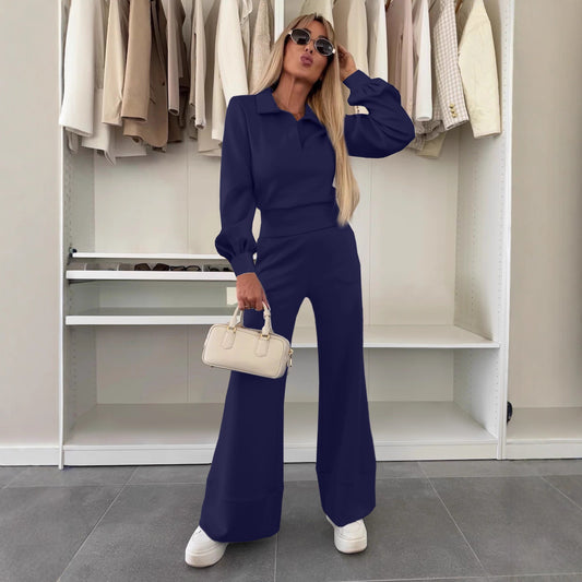 Tvådelat Set Dam – Långärmad Topp med Elastiska Vida Byxor