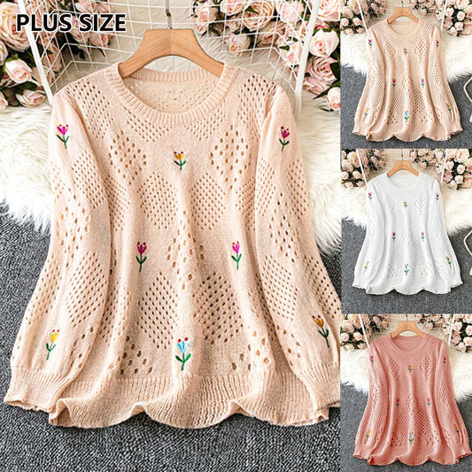 Stickad Tröja Dam – Casual Långärmad Sweater med Rund Hals, Blombroderi & Hollow-out Detaljer