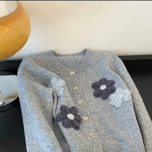 Damtröja – löst sittande stickad modell med blommor i koreansk stil för höst & vinter