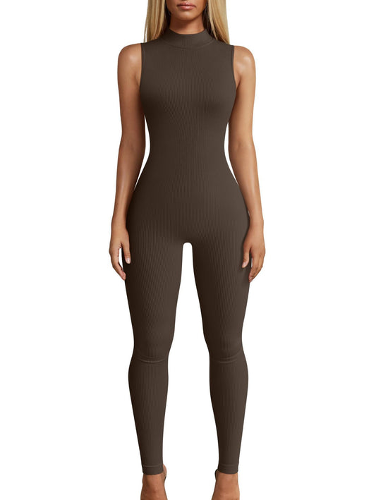 Sport jumpsuit dam – ärmlös ribbad yogadräkt i slim fit design för träning