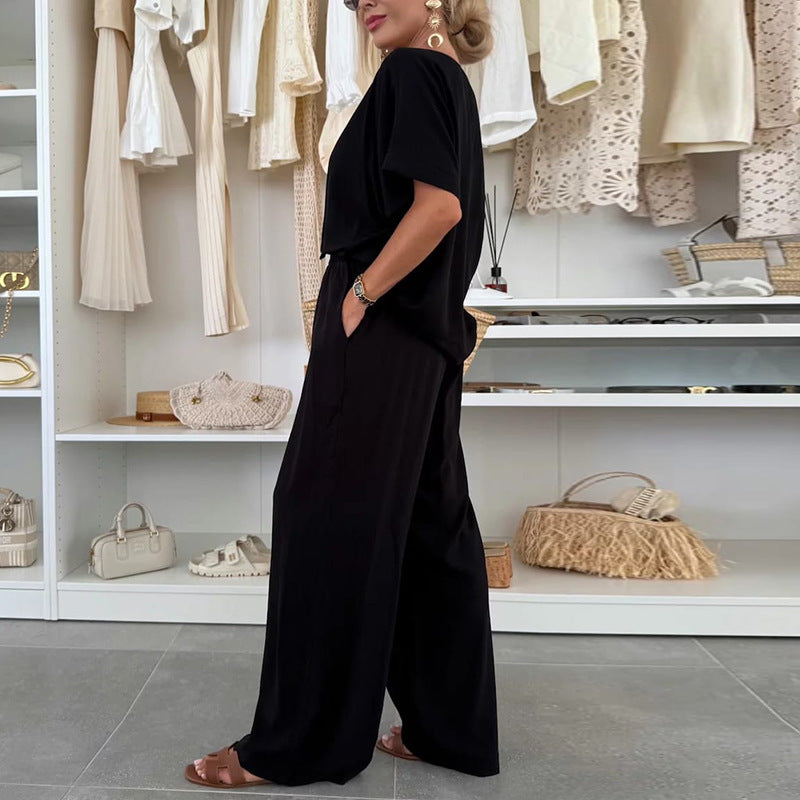 Tvådelat Set Dam – Modernt Enfärgat Set med Rundhalsad Kortärmad Topp & Knytbyxor