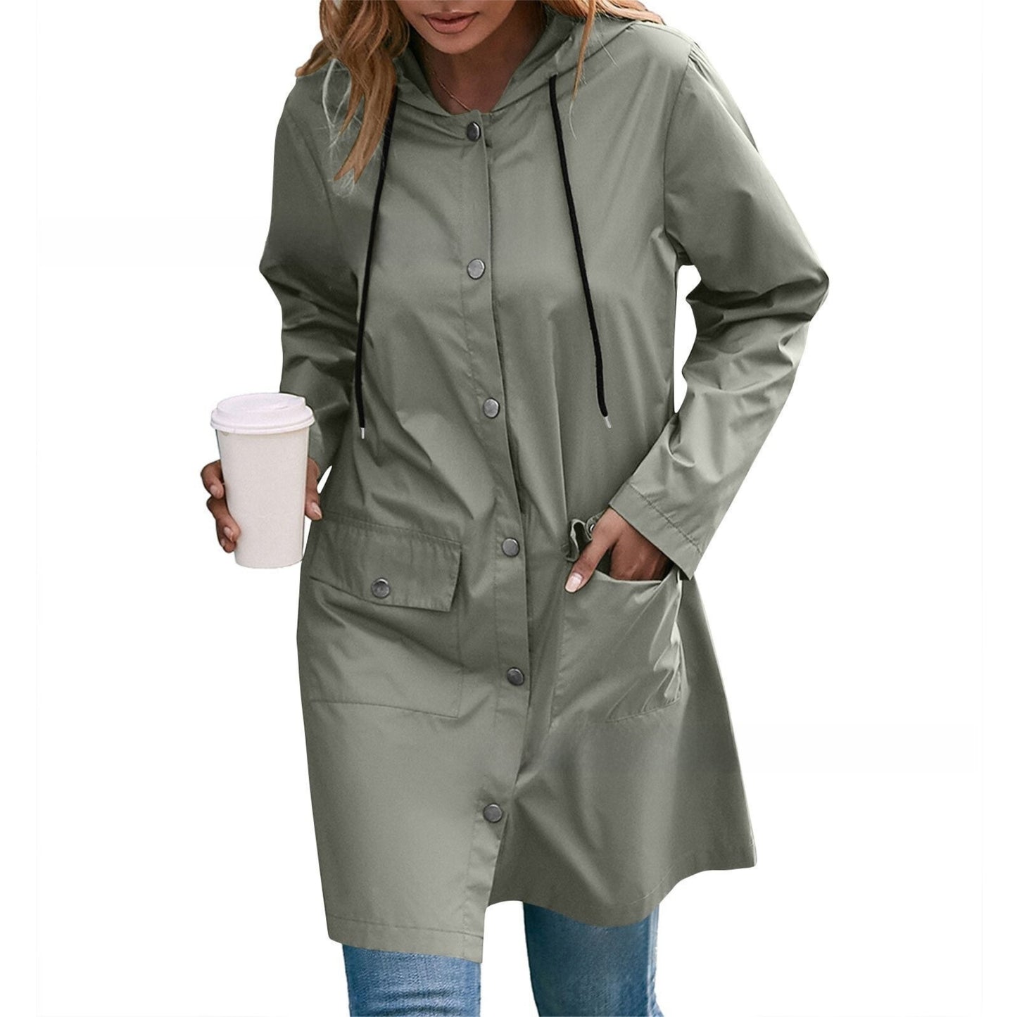 Casual Lång Vindjacka med Huva  – Tjock och Vattentät – Dam