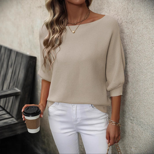 Stickad Tröja Dam – Off-Shoulder Sweater med Lös Passform & Fladderärmar
