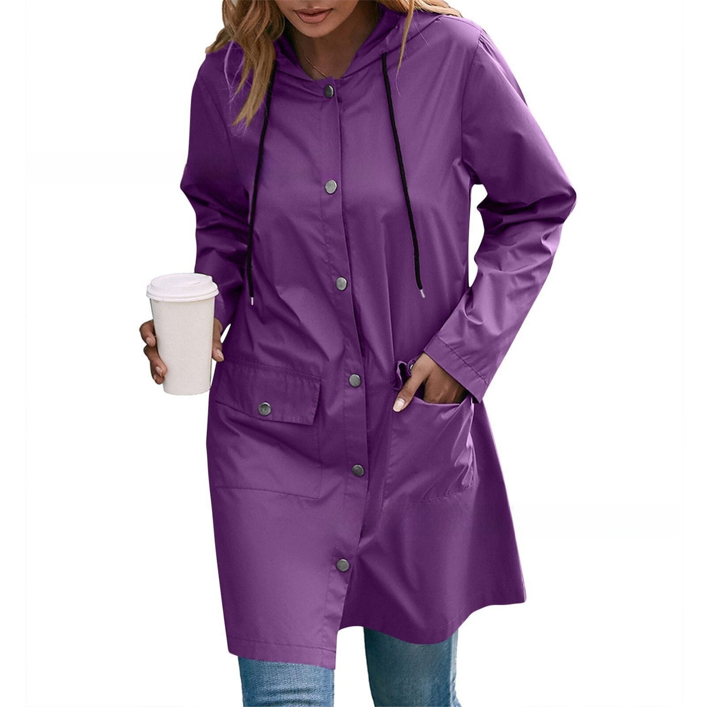 Casual Lång Vindjacka med Huva  – Tjock och Vattentät – Dam