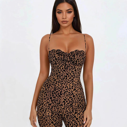 Ärmlös Jumpsuit för Dam – Leopardmönster, Slim Fit & Öppen Rygg