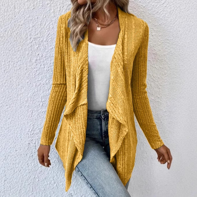 Stickad Kofta för Dam – Enfärgad med Ribbad Design & Långärmad