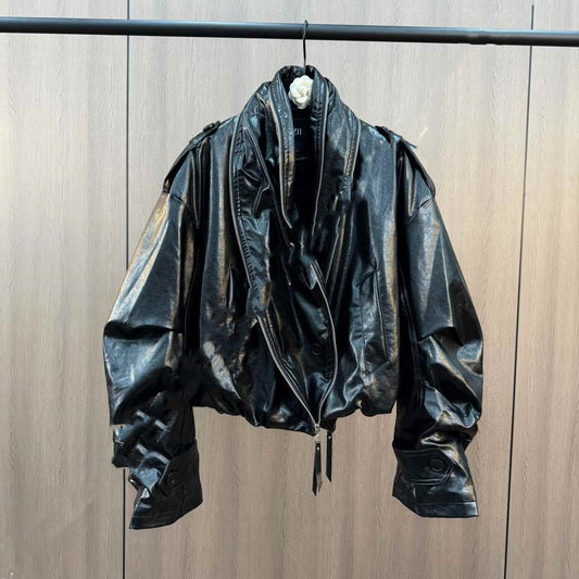 Damjacka – vadderad PU-läderjacka med krage, dragkedja, knappar & muddar