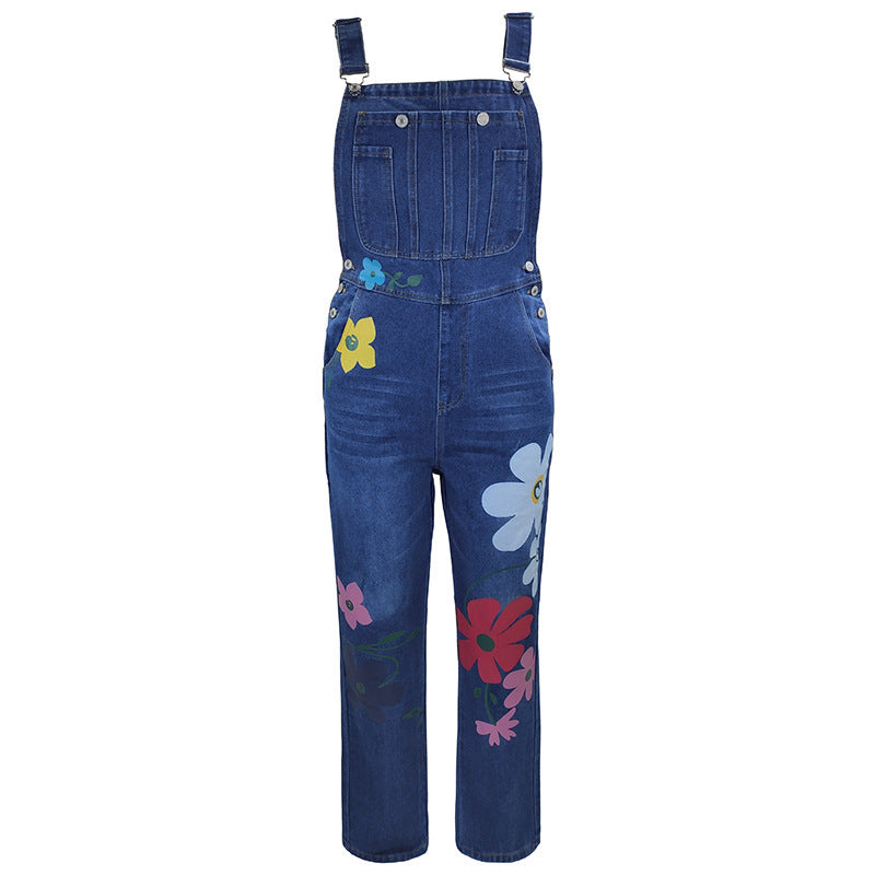 Denim Overall Dam – Klassisk Högmidjad Jeansjumpsuit med Lös Passform, Raka Ben & Unik Printdesign